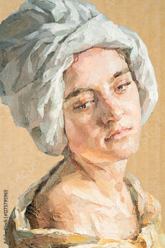 .GIRL with a scarf on her head. Portrait of a woman on a cardboard background. Oil painting on canvas.
