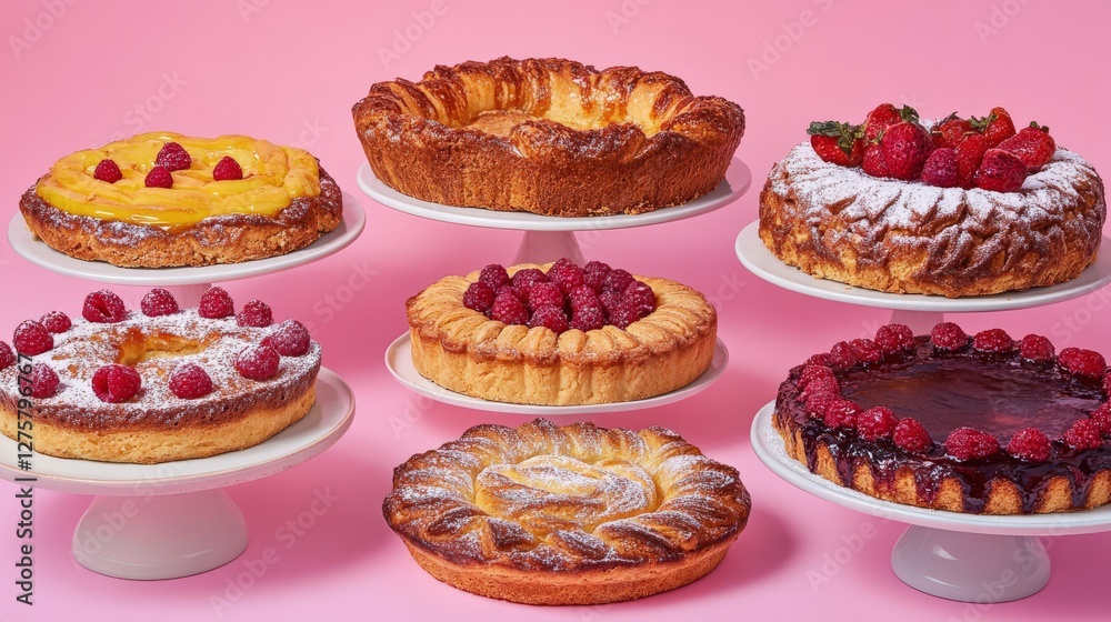 Assorted delicious pastries and cakes displayed on white stands against a pink background Assorted delicious pastries and cakes displayed on white stands against a pink background