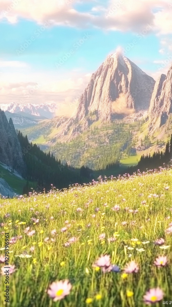 Fototapeta premium Stunning Alpine Meadow with Majestic Mountain Range