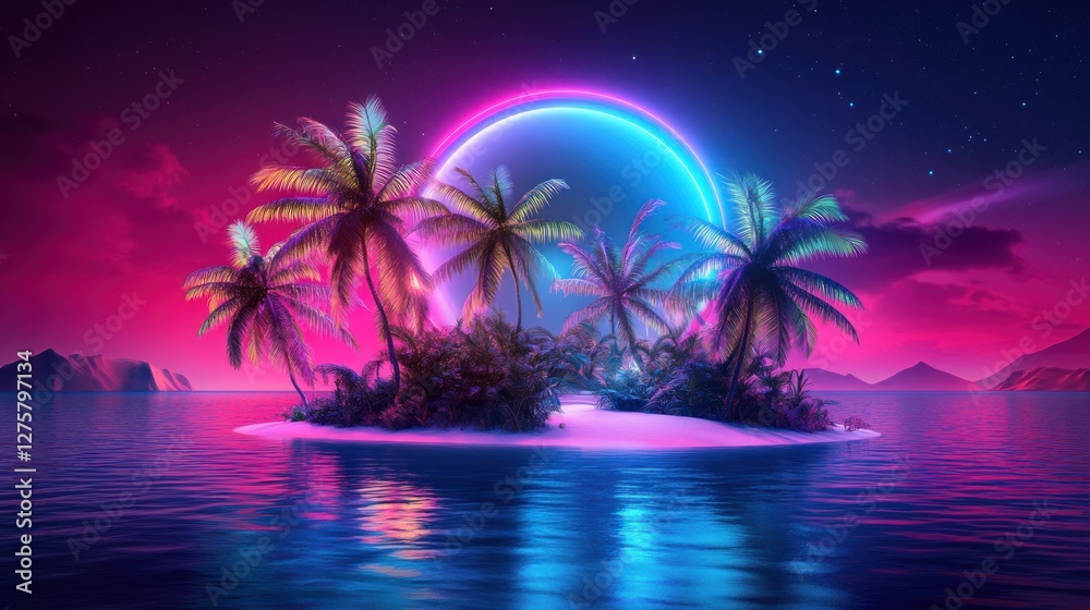 Obraz premium Neon ring illuminates tropical island at night