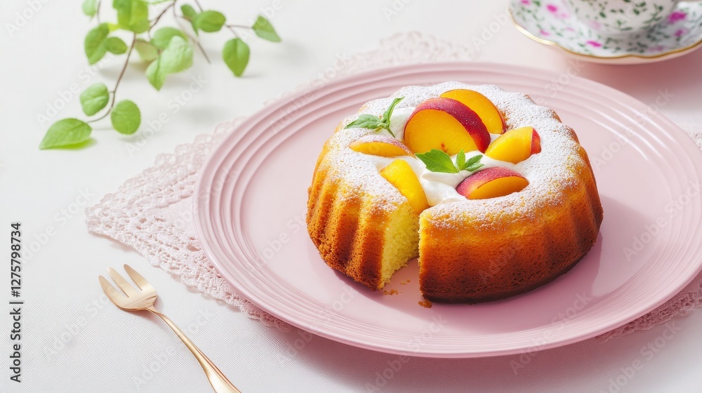 Peach Cake Delight: A Slice of Summer Perfection on a Pink Plate Peach Cake Delight: A Slice of Summer Perfection on a Pink Plate