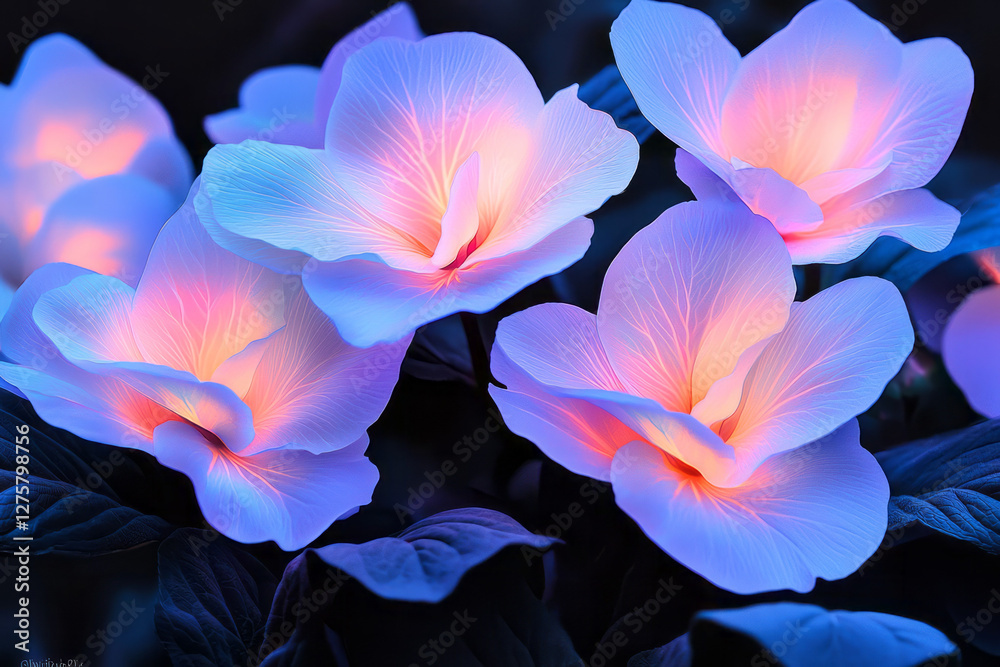 Obraz premium Surreal arrangement of neon-lit flowers in a dark botanical garden, each petal pulsating with