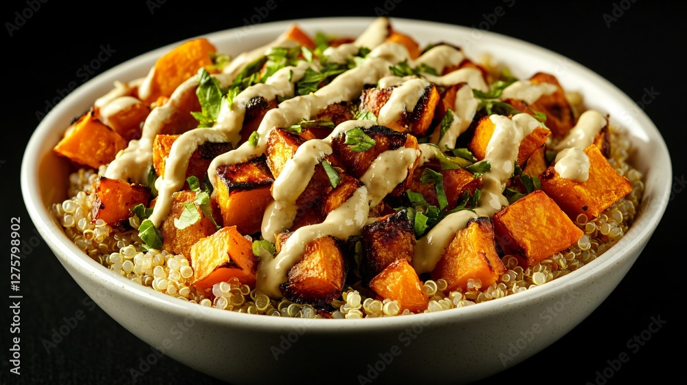 A steaming hot quinoa and roasted veggie bowl, with golden-brown sweet potatoes and a drizzle of tahini sauce, isolated on a matte black background A steaming hot quinoa and roasted veggie bowl, with golden-brown sweet potatoes and a drizzle of tahini sauce, isolated on a matte black background