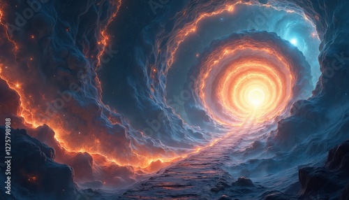 Abstract cosmic background of infinite universe with a glowing portal. A way beyond marking boundaries. Light in the end of tunnel, space for astral travel and quantum exploration.