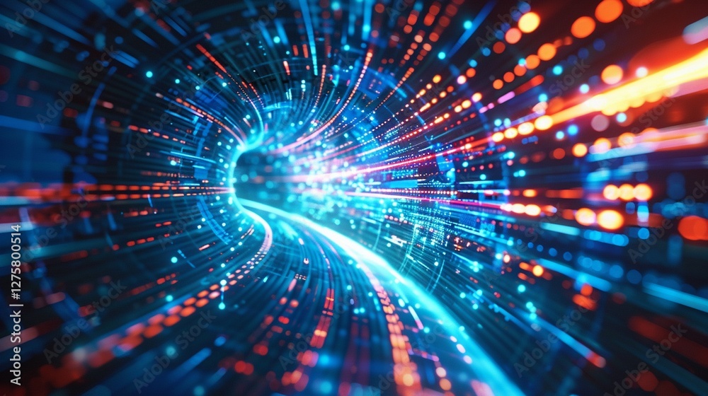 Fototapeta premium Abstract technology futuristic glowing blue and red light curved lines with high-speed effect on dark blue background. 