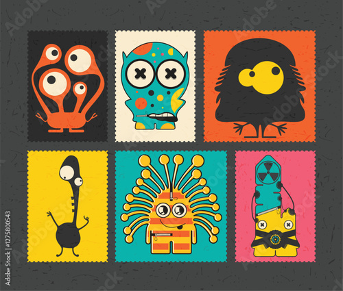 Set of cartoon monsters  on color grunge background