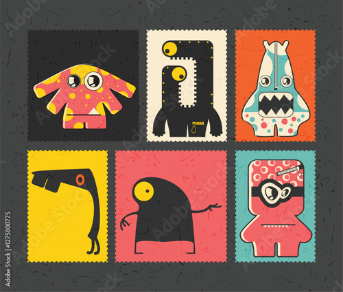 Set of cartoon monsters  on color grunge background