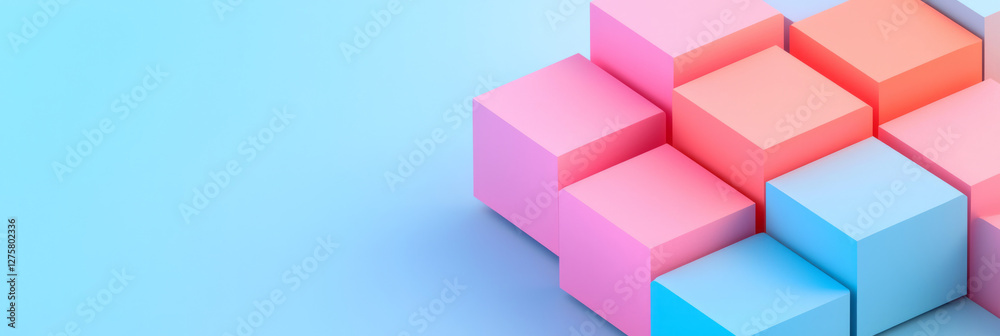 Bold geometric composition of variously sized pink and sky-blue cubes converging, surrounded by Bold geometric composition of variously sized pink and sky-blue cubes converging, surrounded by