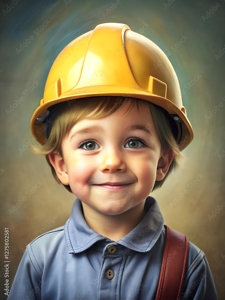 Child in a hard hat, joyful mood, smiling at the camera, artistic background, copy space
Child in a hard hat, joyful mood, smiling at the camera, artistic background, copy space