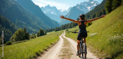 Fototapeta Naklejka Na Ścianę i Meble -  Woman riding bike with open arms on Switzerland mountain road. Cyclist girl biker enjoys freedom, healthy lifestyle, sport activity, Swiss nature, adventure, summer travel vacation tour.