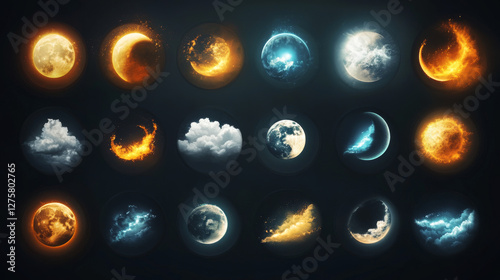 Weather meteo icons realistic set vector illustration. Realistic elements for weather forecast, sun, moon, clouds, hurricane or strong wind, tornado funnel isolated on transparent background