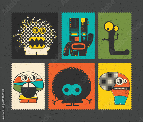 set of cartoon monsters on color grunge backgrounds	