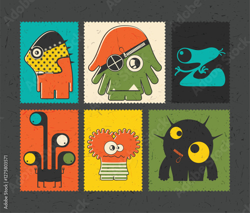 set of cartoon monsters on color grunge backgrounds	