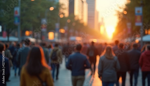 Wallpaper Mural Bokeh blur of people walking on busy city street during golden sunset. Urban life in motion concept. Crowd moves fast with shopping. Diverse multicultural society. Torontodigital.ca