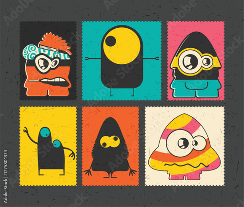 set of cartoon monsters on color grunge backgrounds	