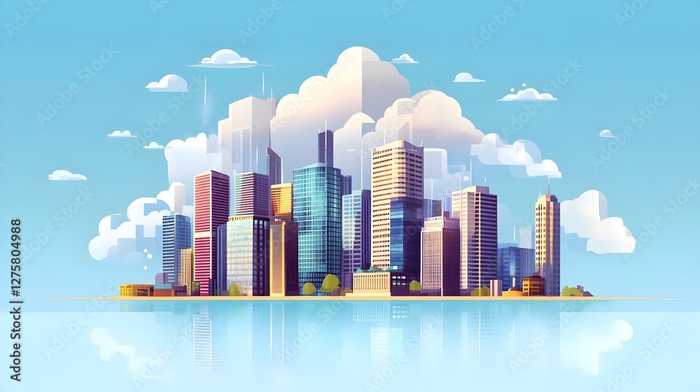 Fototapeta premium A wide-angle 3D cityscape with digital cloud icons floating overhead, representing SaaS, advanced connectivity, modern technology for banners or ads, cloud computing, digital transformation, and scala