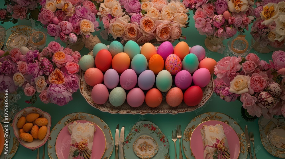 Easter table setting with pink and white flowers, pastel eggs, and gold accents. Easter table setting with pink and white flowers, pastel eggs, and gold accents.