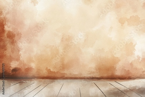 Brown watercolor wall, wood floor, empty room, studio backdrop, product display