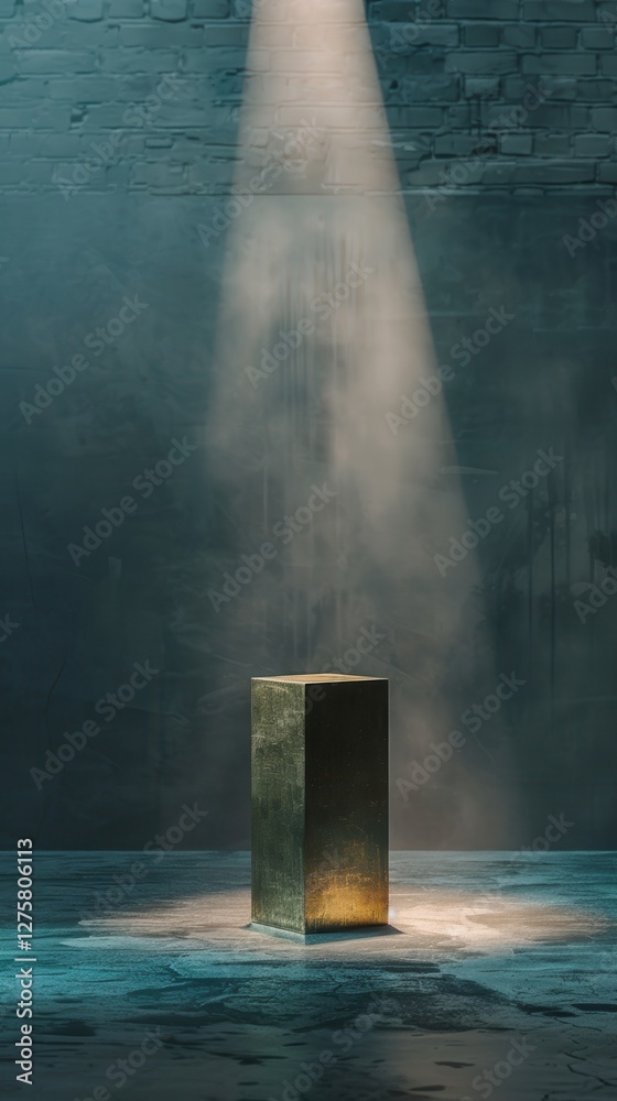 Golden Cube Podium Under Spotlight in Modern Interior
