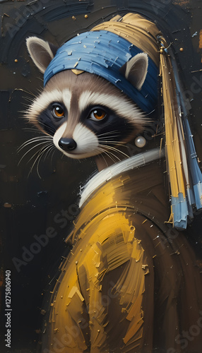 Ai generated oil painting Portrait of a cute Raccoon Vermeer style of the artwork