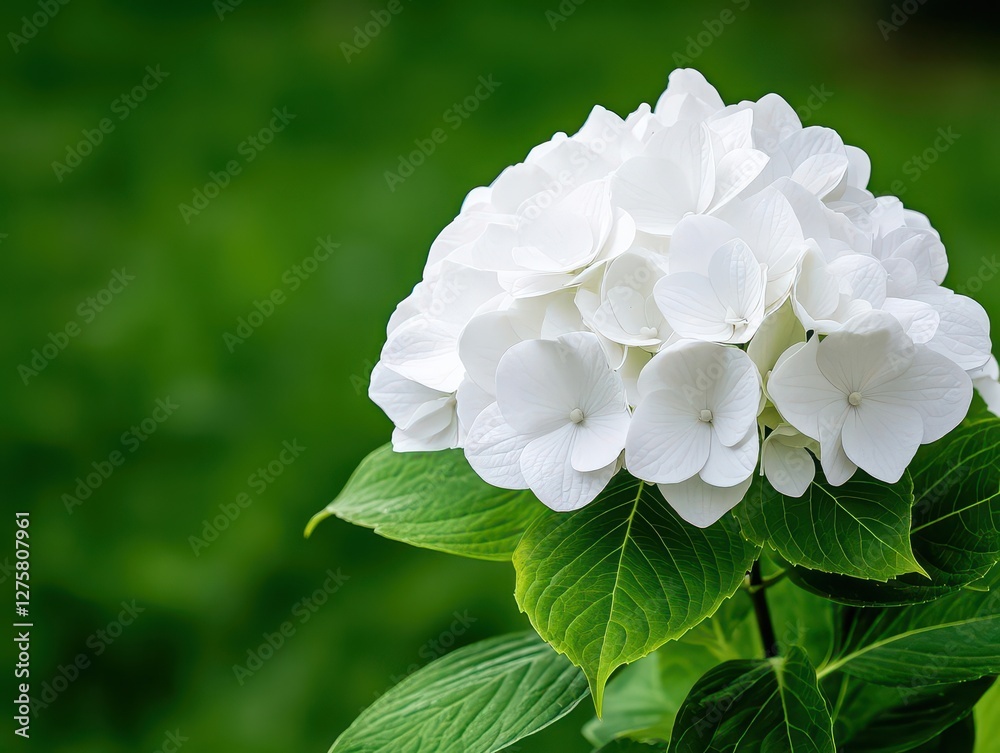 White flower with green leaves in natural outdoor environment White flower with green leaves in natural outdoor environment