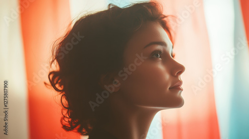 Portrait of a young woman in soft light with a colorful background
