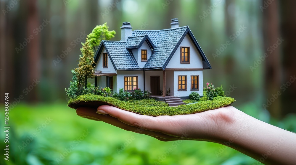 Hand holding dream house model in forest Hand holding dream house model in forest