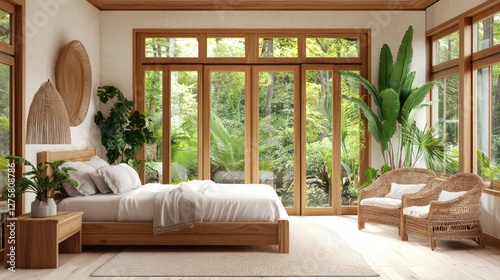 Serene Modern Bedroom with Large Windows Overlooking Lush Nature