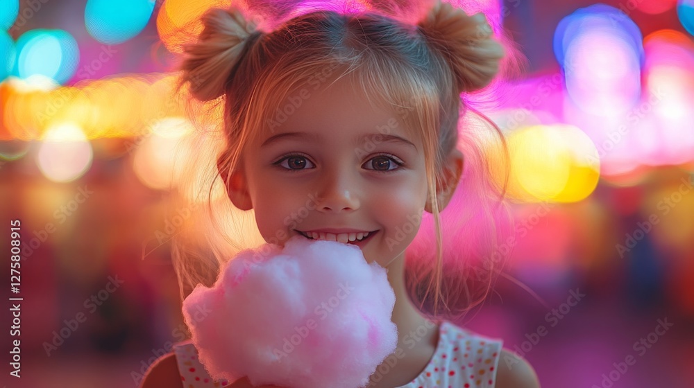 Fototapeta premium Girl with Fluffy Pink Cotton Candy, Colorful Blurred Lights in the Background