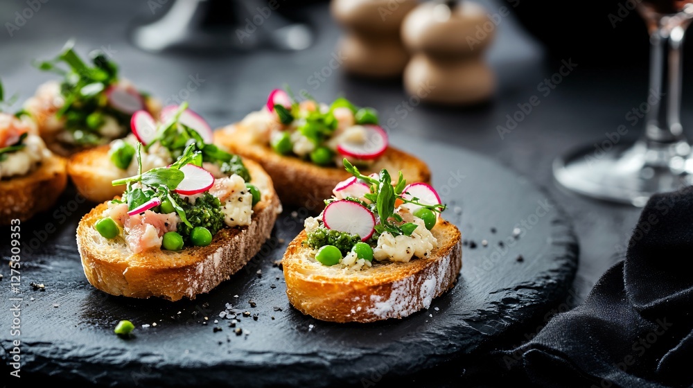 Artistic top-down shot of gourmet crostini, styled like a high-end Michelin-starred dish, with modern plating techniques Artistic top-down shot of gourmet crostini, styled like a high-end Michelin-starred dish, with modern plating techniques