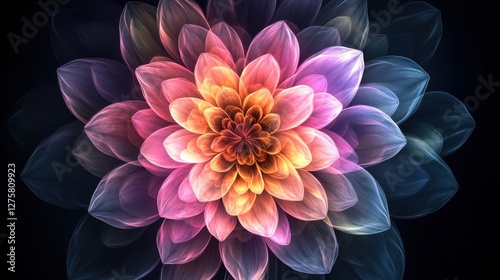 Dreamy floral kaleidoscope, stained glass watercolor effect, glowing petals, pastel gradients, mesmerizing symmetry, placed on a deep black background, ultra-HD 