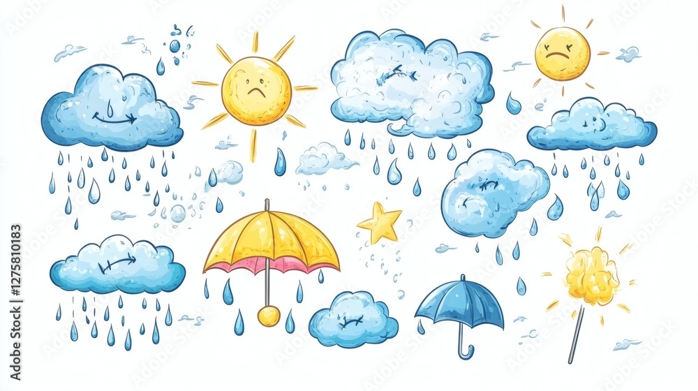 Fototapeta premium Playful Weather Elements Featuring Sun, Clouds, and Umbrella Designs
