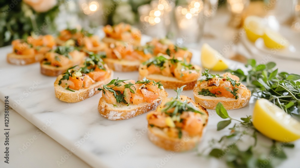 Bright and airy setting with crostini presented on a white marble slab, scattered with fresh herbs and lemon wedges for a fresh spring vibe Bright and airy setting with crostini presented on a white marble slab, scattered with fresh herbs and lemon wedges for a fresh spring vibe