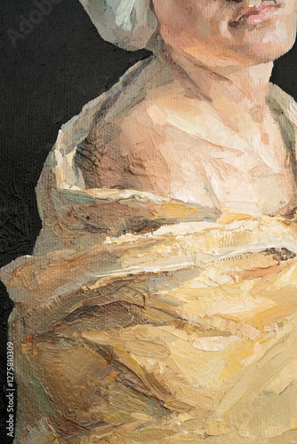 .GIRL with a scarf on her head. Portrait of a woman on a black background. Oil painting on canvas.