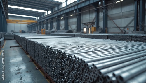 Bundled aluminum rods organized in warehouse await remelting to produce foil, alloys, metal products in metallurgy industry. Ferric raw material supply storage on factory.