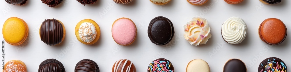 Obraz premium Delectable Overhead View of Donut Assortment, Delicious Variety of Donut Treats on White Display.