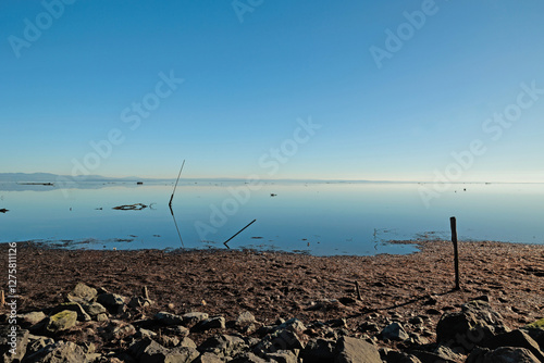Obraz na płótnie panoramica su un ambiente naturale costiero del Mare Adriatico con bassa marea, vicino al Golfo di Trieste, colorato di arancione dalla luce del sole al tramonto, in inverno w salonie