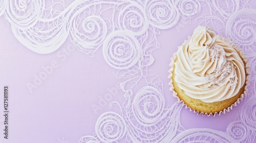 Elegant Frosted Cupcake on Delicate Lace Background