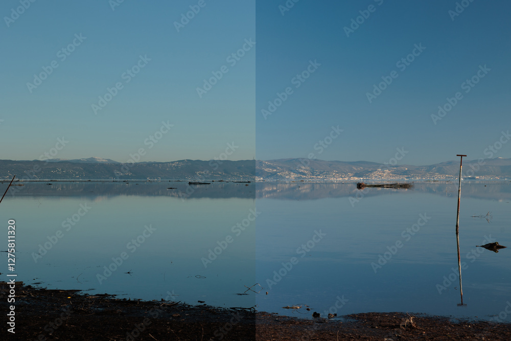 differenza tra immagine non-polarizzata e polarizzata, con l'uso di un filtro fotografico, di un ambiente naturale marino che si affaccia sul Golfo di Trieste, nel mare Adriatico, di giorno