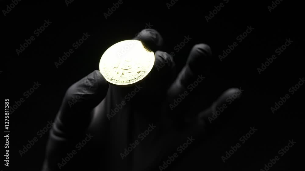 Golden physical Bitcoin held in a gloved hand against a dark background, symbolizing digital currency and financial security