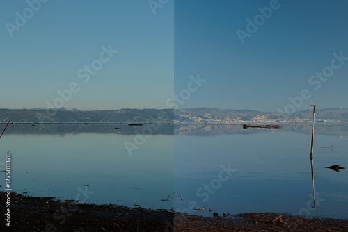 Obraz na płótnie differenza tra immagine non-polarizzata e polarizzata, con l'uso di un filtro fotografico, di un ambiente naturale marino che si affaccia sul Golfo di Trieste, nel mare Adriatico, di giorno w salonie