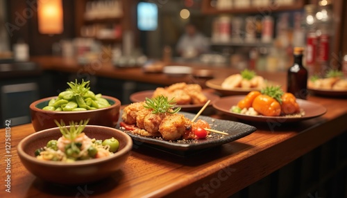 Japanese pub food served on wooden bar counter, includes edamame, yakitori skewers with chicken, agedashi tofu. Traditional asian dishes selection for dinner meal at the restaurant. photo