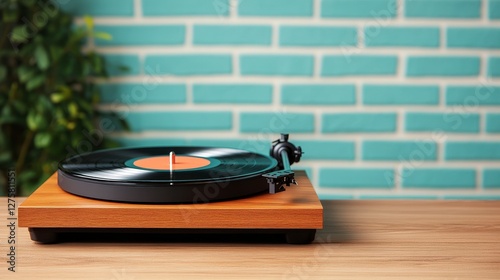 Vintage Vinyl Record Player on Wooden Stand with Turquoise Brick Background