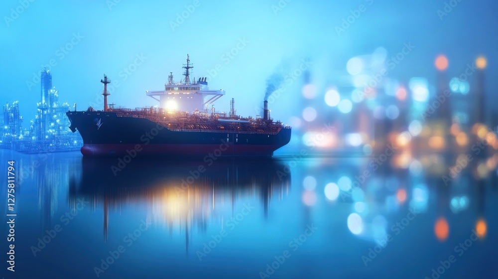 Fototapeta premium Ocean tanker at dusk, city lights blurred background, global trade concept