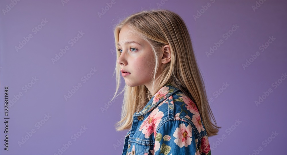 Blonde girl in plain purple background wearing a floral jacket young teen side view portrait Blonde girl in plain purple background wearing a floral jacket young teen side view portrait