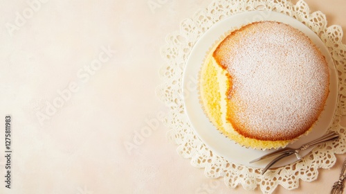 A Delectable Fluffy Cake with a Perfect Cut, Exquisitely Displayed on a Lace Placemat