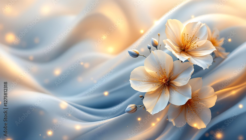 Fototapeta premium A dreamy floral composition with blue and golden flowers arranged in a swirling wave-like pattern, enhanced by soft lighting, subtle sparkles, and flowing ribbon-like elements.