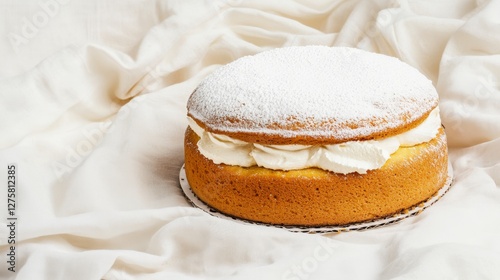 A Delectable Vanilla Cake with Whipped Cream and Powdered Sugar