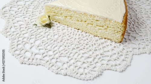 Elegant White Cake Slice on Delicate Crochet Doily