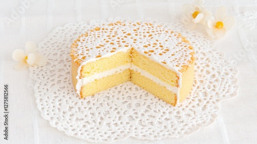 Elegant Slice of White Lace Cake with Creamy Frosting